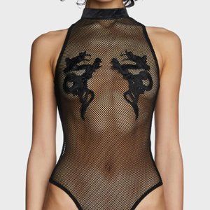 Club Exx Bad Luck Dragon Fishnet Bodysuit M NWOT